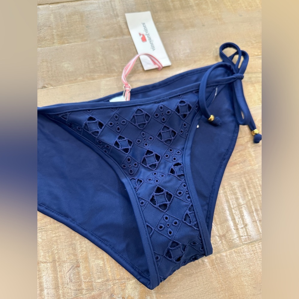 Vineyard Vines blue eyelet navy string bikini swim bottoms gold hardware nwt
